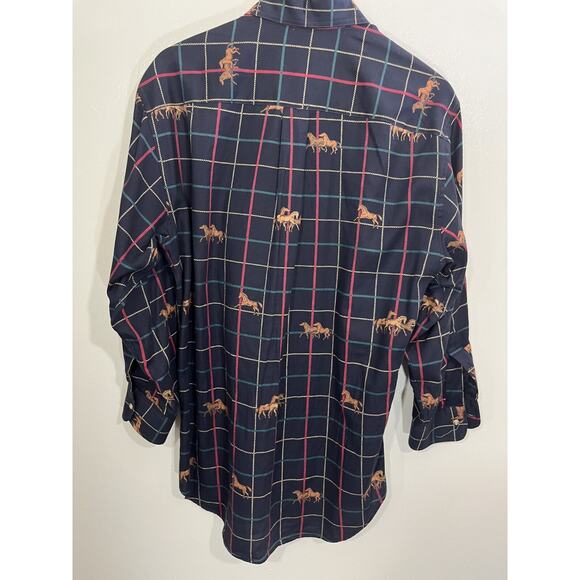 Vtg Equestrian Horses Window Pane Plaid Old Money Luxe Preppy Shirt M Academia - Picture 2 of 11